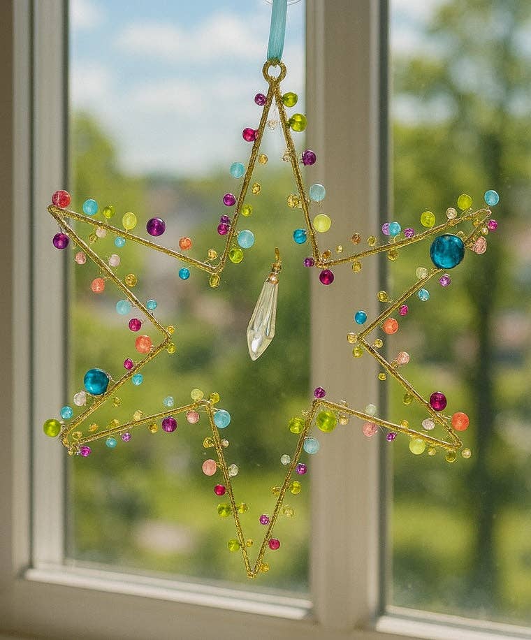 Handcrafted Wire Rainbow 6 Point Star Decoration Light Blue Ribbon – 19 cm x 22 cm