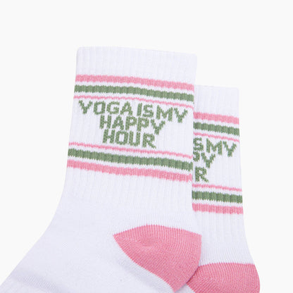 Yoga Is My Happy Hour Organic Cotton Sports Socks in White/Pink