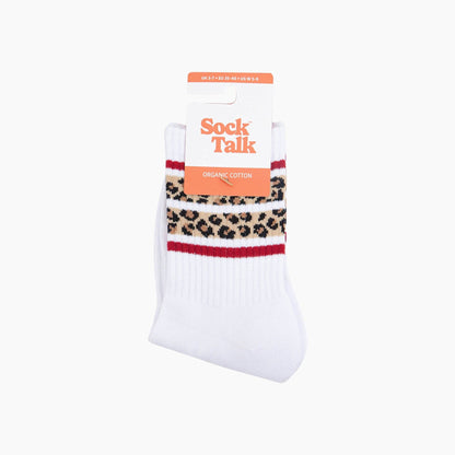Leopard Print Striped Organic Cotton Sports Socks in White