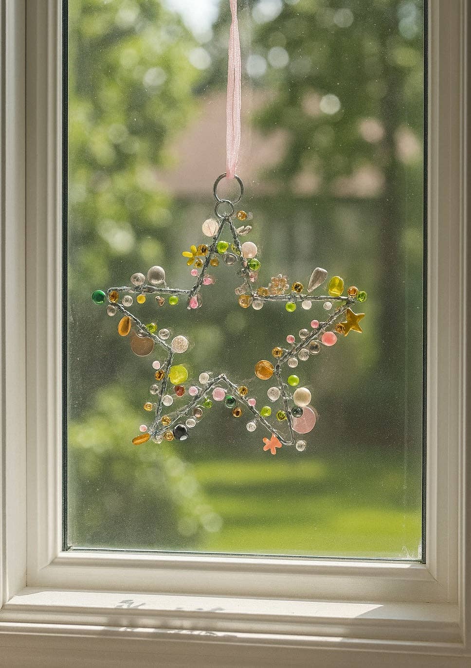 Handmade Beaded Silver Wire Star Pink Green Multi Colour Decoration – 10 cm Hanging Ornaments
