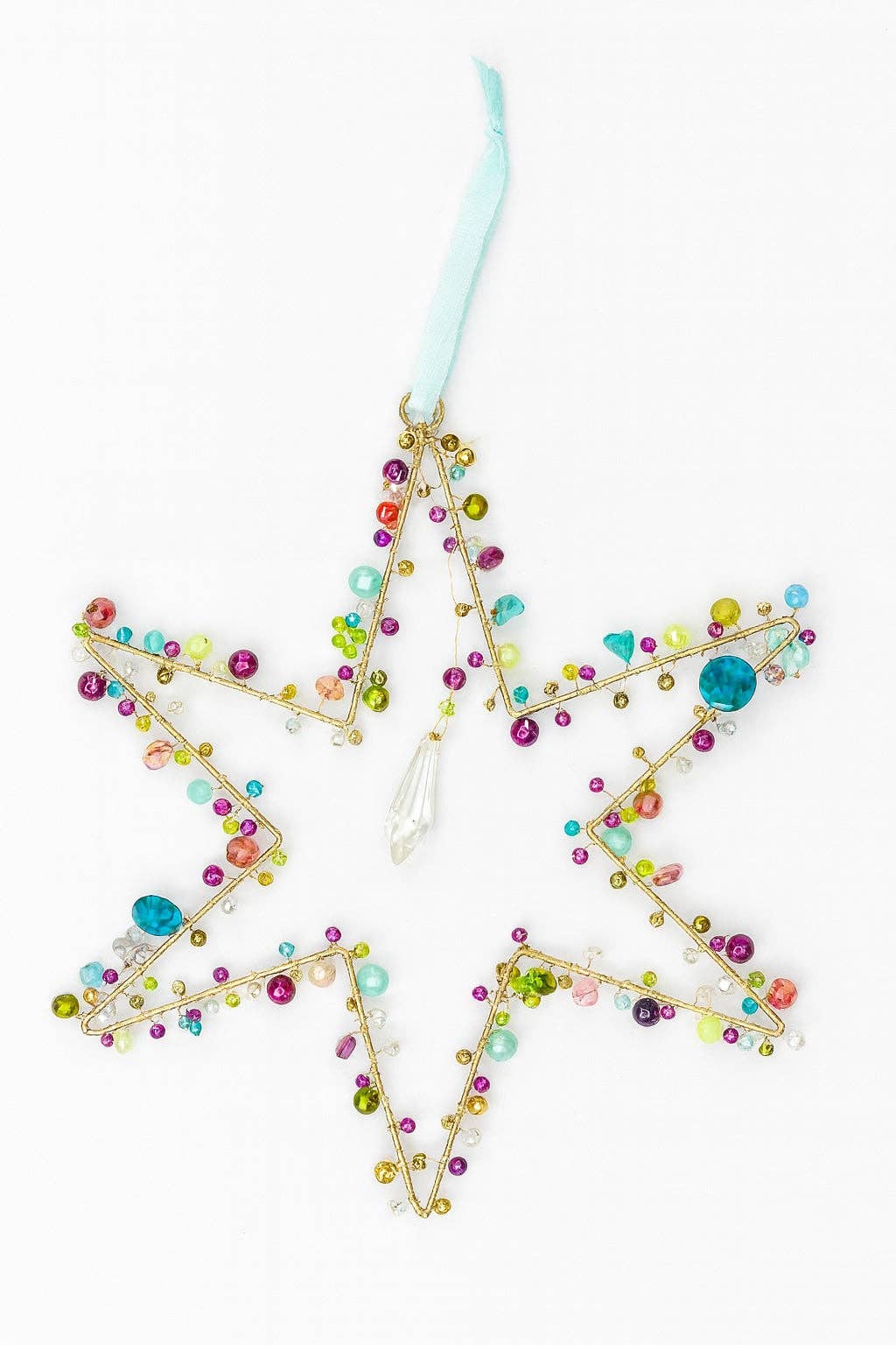 Handcrafted Wire Rainbow 6 Point Star Decoration Light Blue Ribbon – 19 cm x 22 cm
