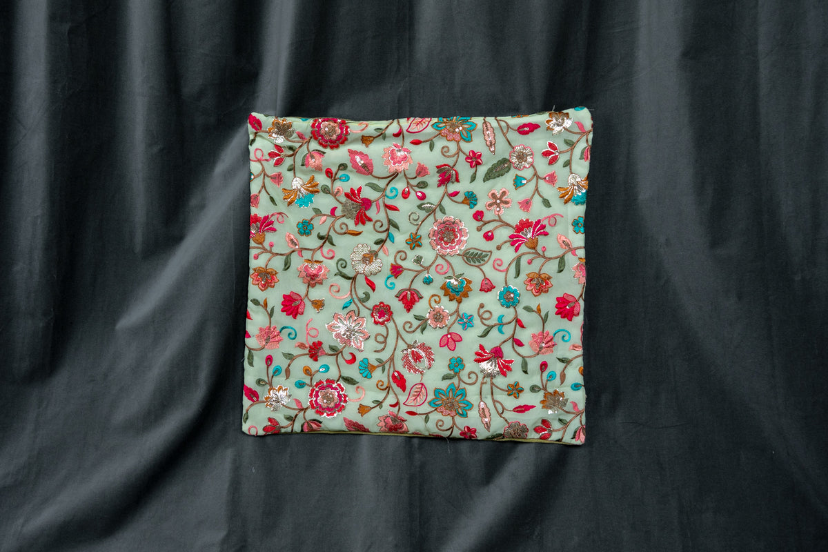 Green and Pink Floral Embroidered Cushion cover