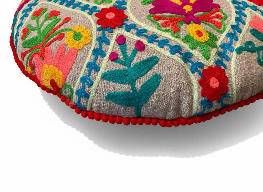 Round Floor Cushion Handmade Indian Embroidered 40cm Cotton Yoga & Seating Pad - 2 Colours
