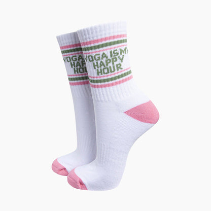 Yoga Is My Happy Hour Organic Cotton Sports Socks in White/Pink